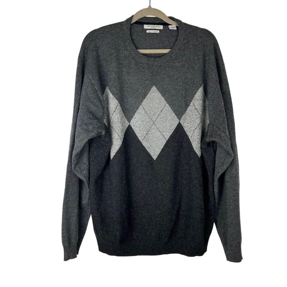 IMPERMEABLE Platinum  Men's 2 Ply Gray Argyle 100% Cashmere Sweater Size XXL